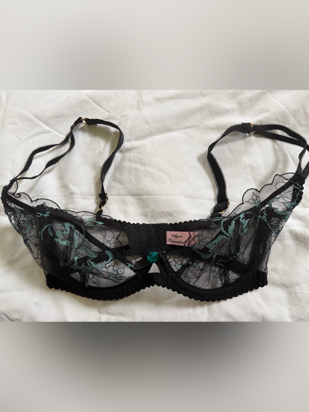 Agent Provocateur Sheer Black Lace Bra with Teal Floral Embroidery